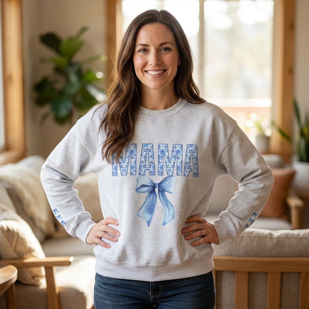 Mama Blue Floral Ribbon Bow